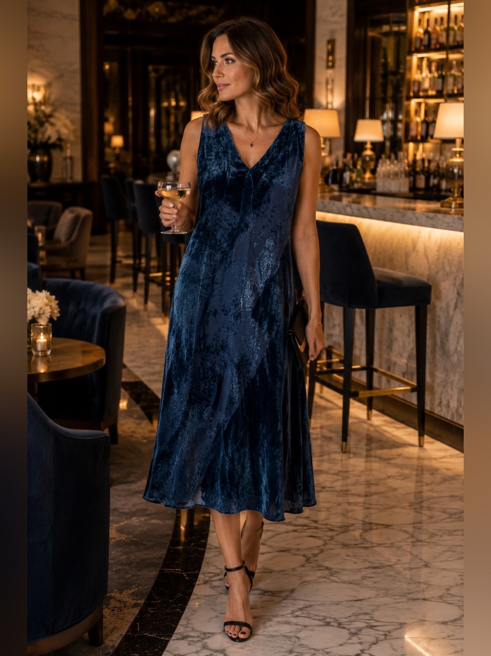 Donna Karan Velvet Burnout Midi Dress Blue Sleeveless Lined Cocktail Dress